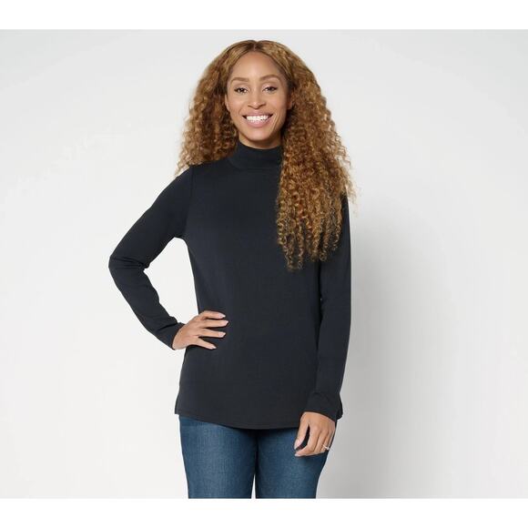 Belle Kim Gravel Tops - Belle by Kim Gravel TripleLuxe Micro Rib Mock Neck Top Black Womens Size XL